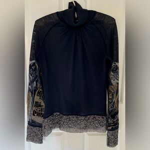 Jean Paul Gaultier black sheer wool turtleneck, silk trim. Velvet tattoo. Sz S